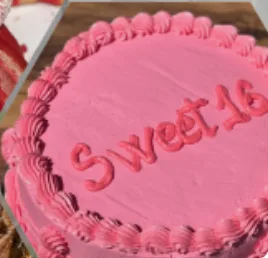 A pink piped celebration cake reading Sweet 16