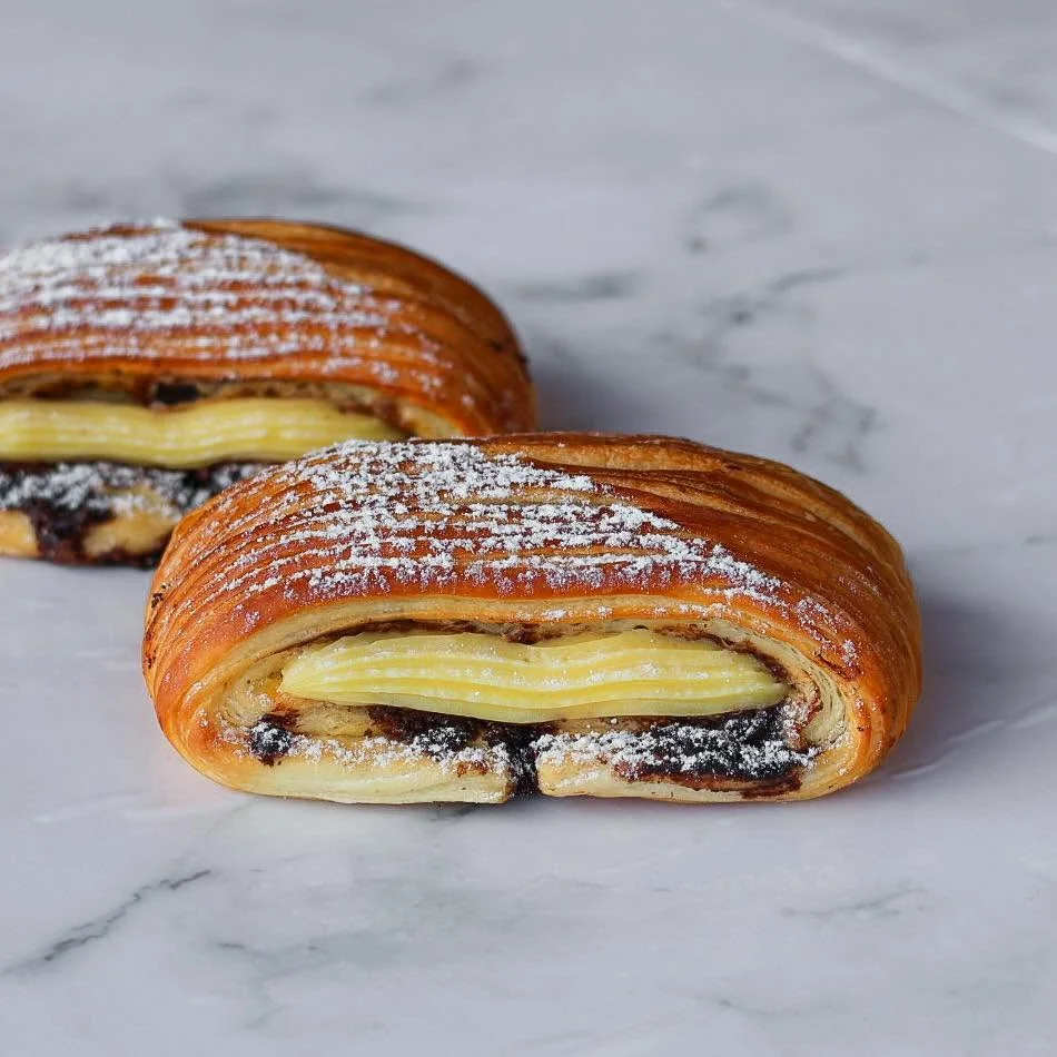 Flaky laminated pastries filled with custard and chocolate, dusted with icing sugar